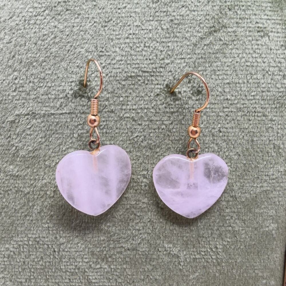 Rose Quartz Heart Dangle Hook Earrings 1.5in Drop Pink Stone Pair